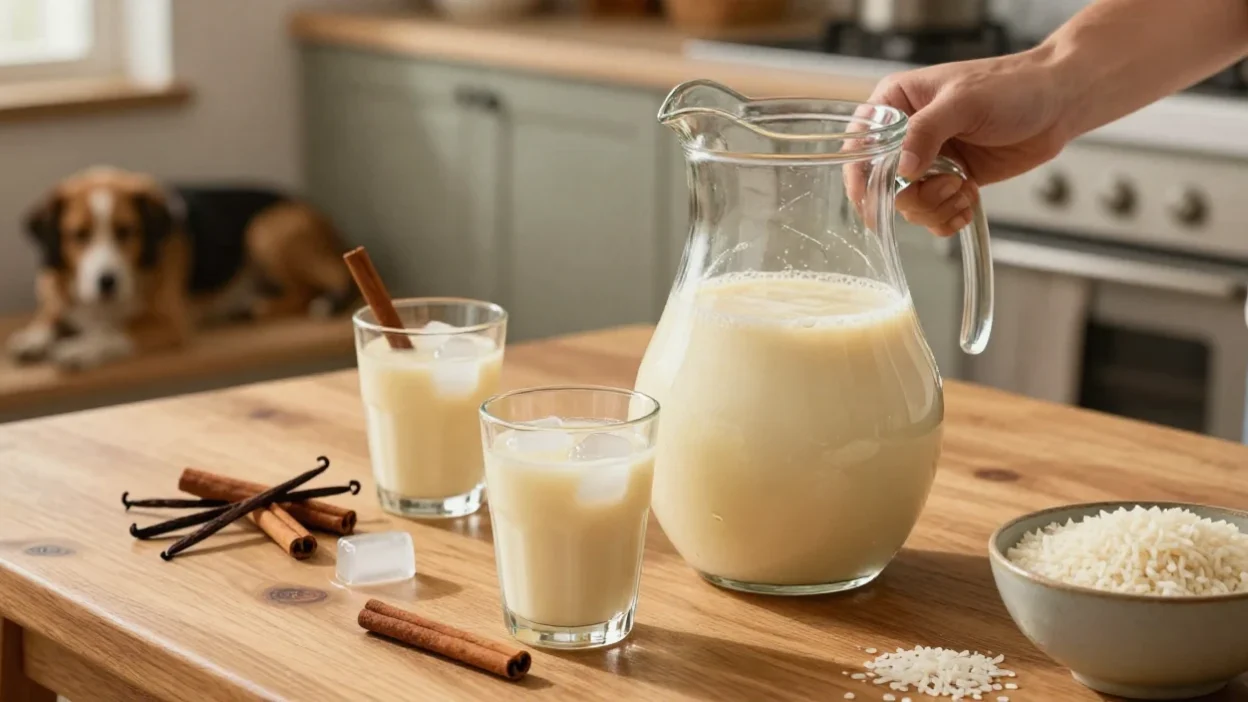 Homemade Mexican horchata with rice and cinnamon served in a glass pitcher
