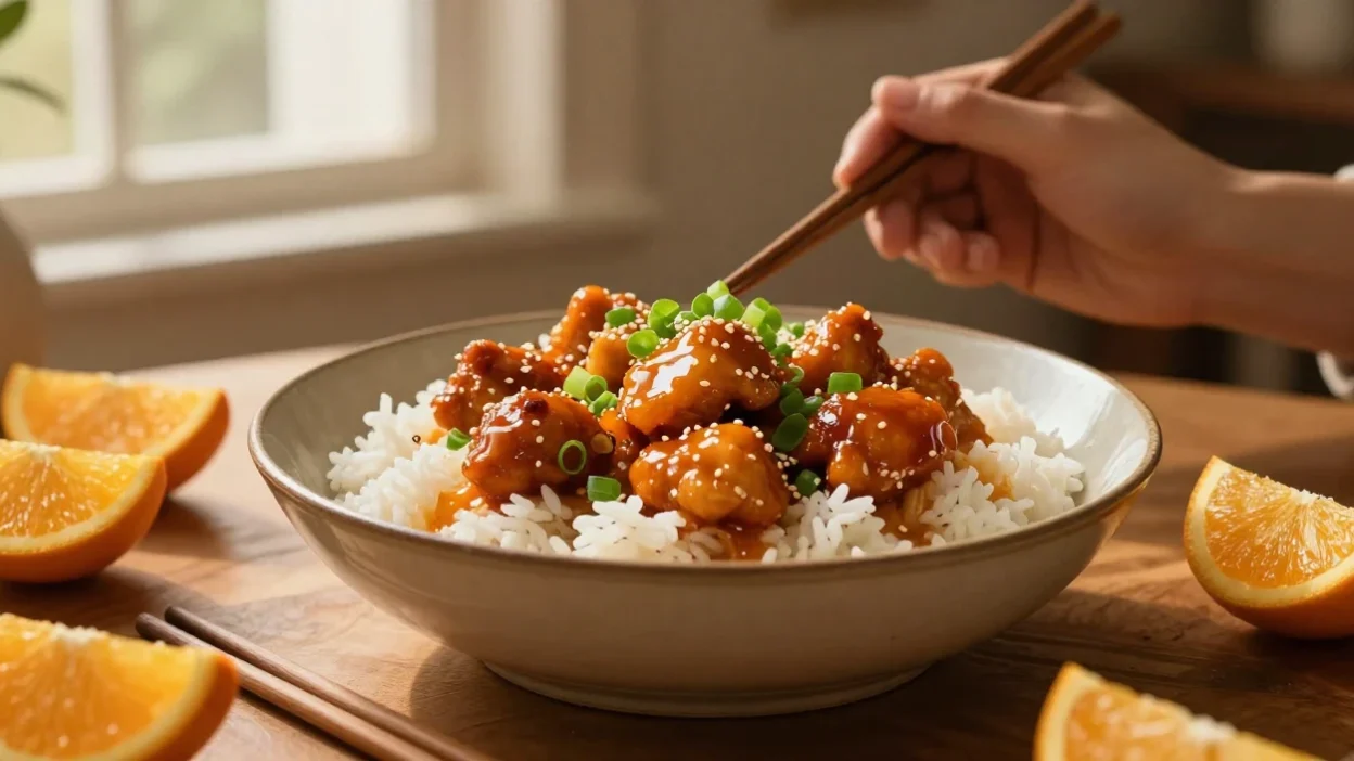 Homemade orange chicken with rice and fresh citrus sauce on a dining table