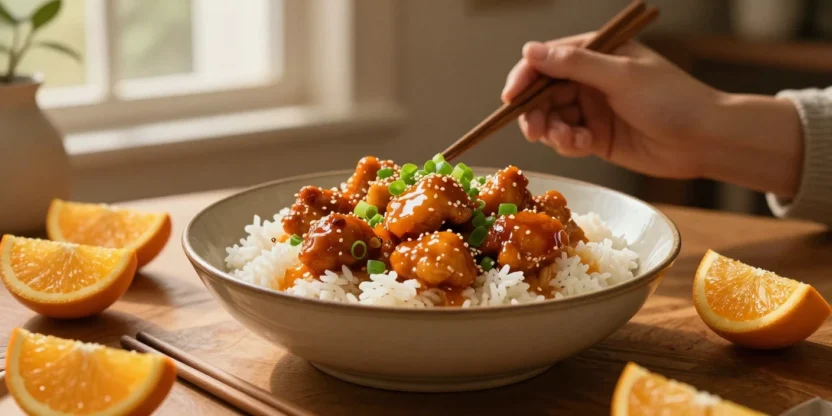 Homemade orange chicken with rice and fresh citrus sauce on a dining table
