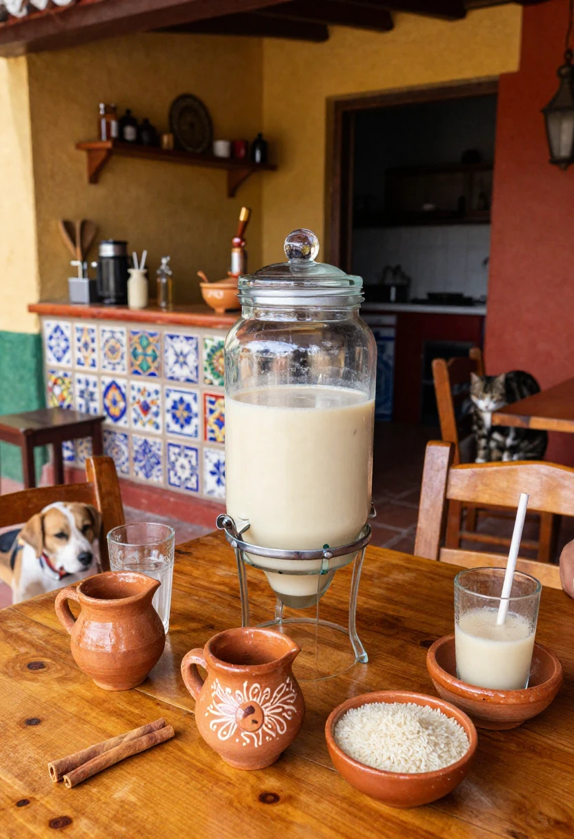 Traditional Mexican horchata served in a home kitchen with cultural decor