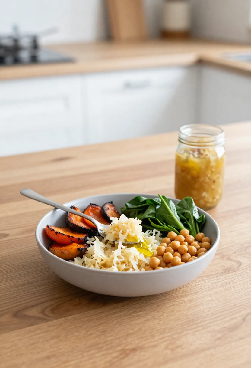 Balanced grain bowl topped with sauerkraut showing how to include fermented cabbage in a healthy diet