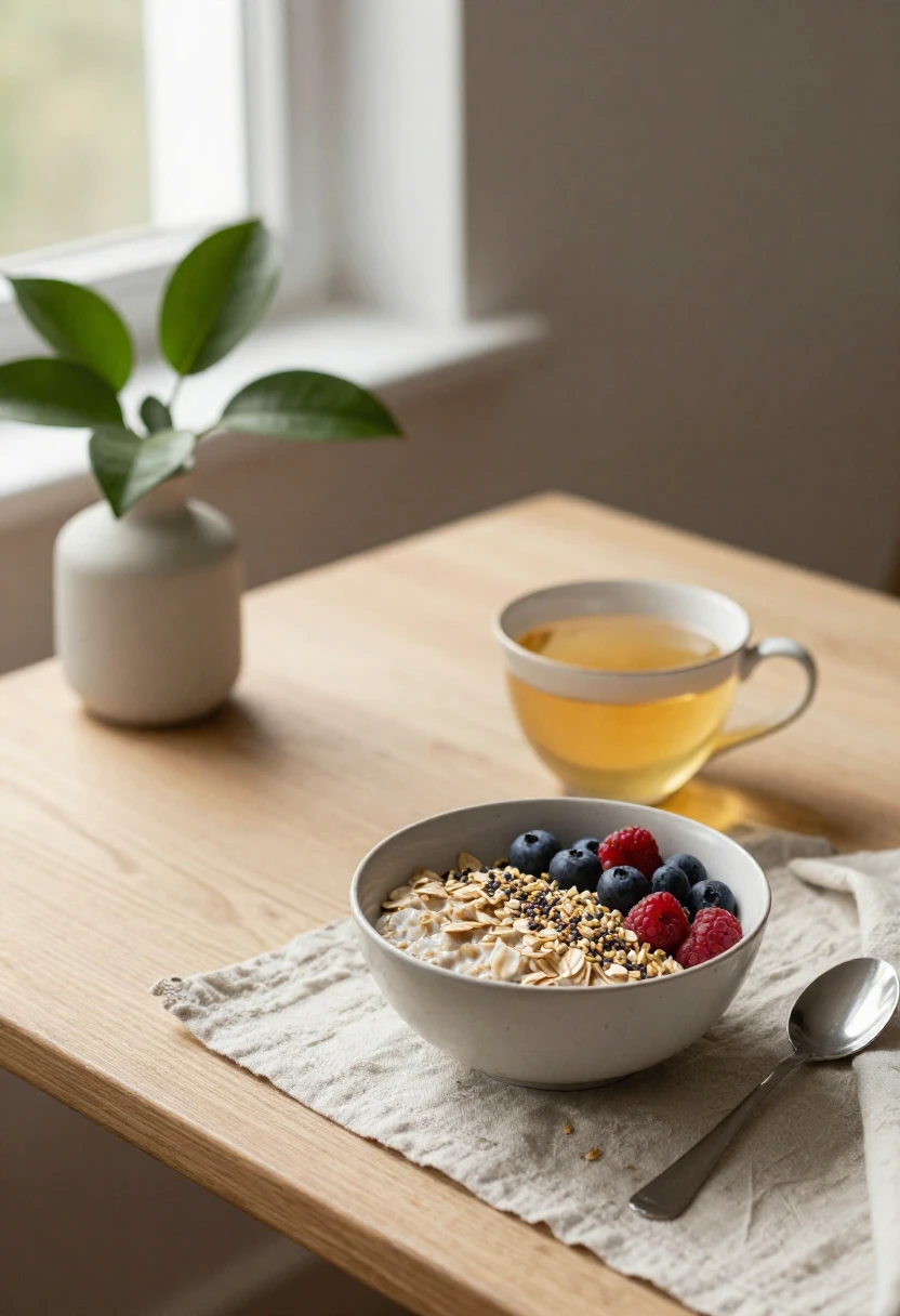 Cup of gymnema tea beside oatmeal with berries and seeds in soft morning light showing sustainable daily wellness habits