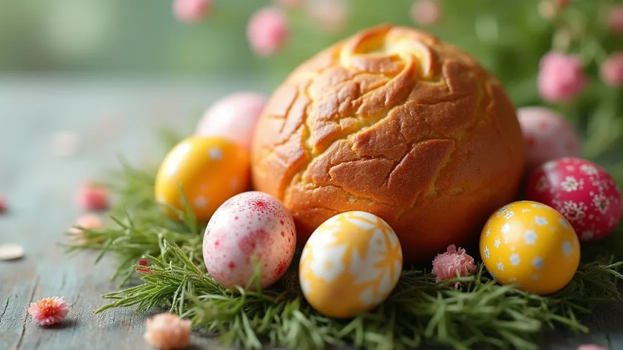 Easter kulich with decorated eggs in a bright spring setting