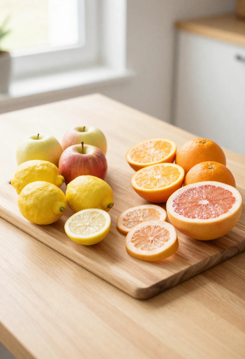 Lemons, apples, and citrus fruits arranged to compare natural pectin sources