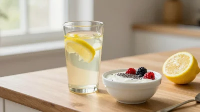 Lemon water and balanced breakfast with yogurt and seeds supporting natural weight loss