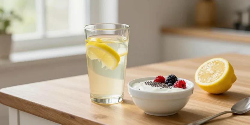Lemon water and balanced breakfast with yogurt and seeds supporting natural weight loss