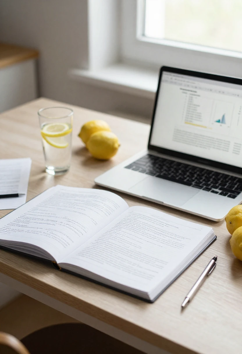 Notebook and research papers beside lemon water showing evidence on lemon pectin and weight loss