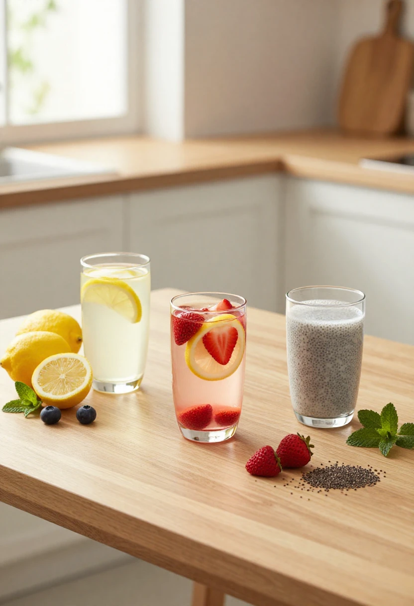 Three balanced lemon-based drinks with fresh fruit and chia seeds on a sunlit kitchen table showing healthy recipe variations