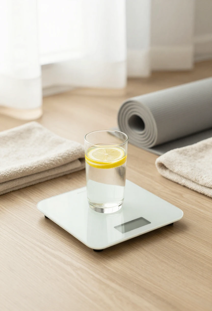 Glass of lemon water on a bathroom scale near a yoga mat in soft natural light showing the relationship between detox and weight loss