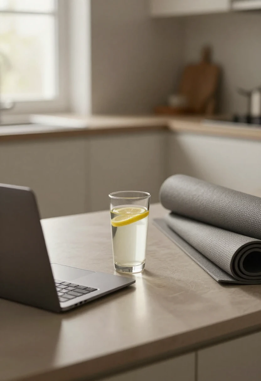 Glass of lemon water on a kitchen table beside a laptop and yoga mat in soft natural light suggesting thoughtful consideration