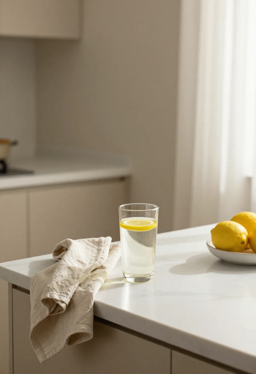 Glass of lemon water on a minimalist marble table with folded linen and fresh lemons in soft morning light