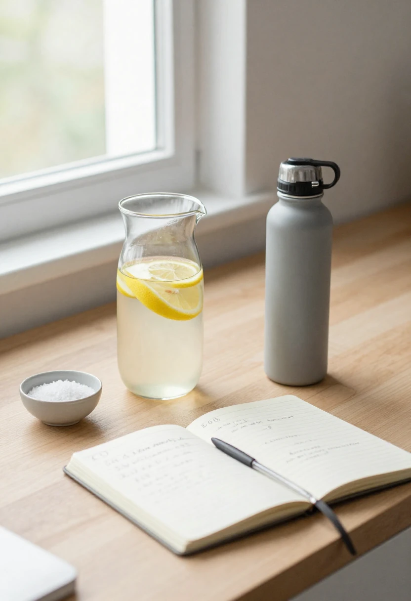 Glass pitcher of lemon water with notebook and wellness items on a sunlit kitchen counter promoting safe and mindful detox practices