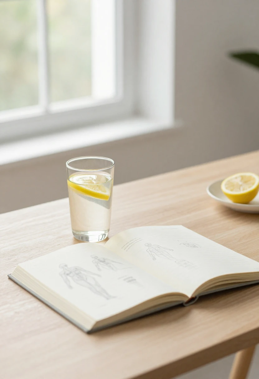 Glass of lemon water beside an open health notebook on a sunlit desk creating a calm scientific wellness mood