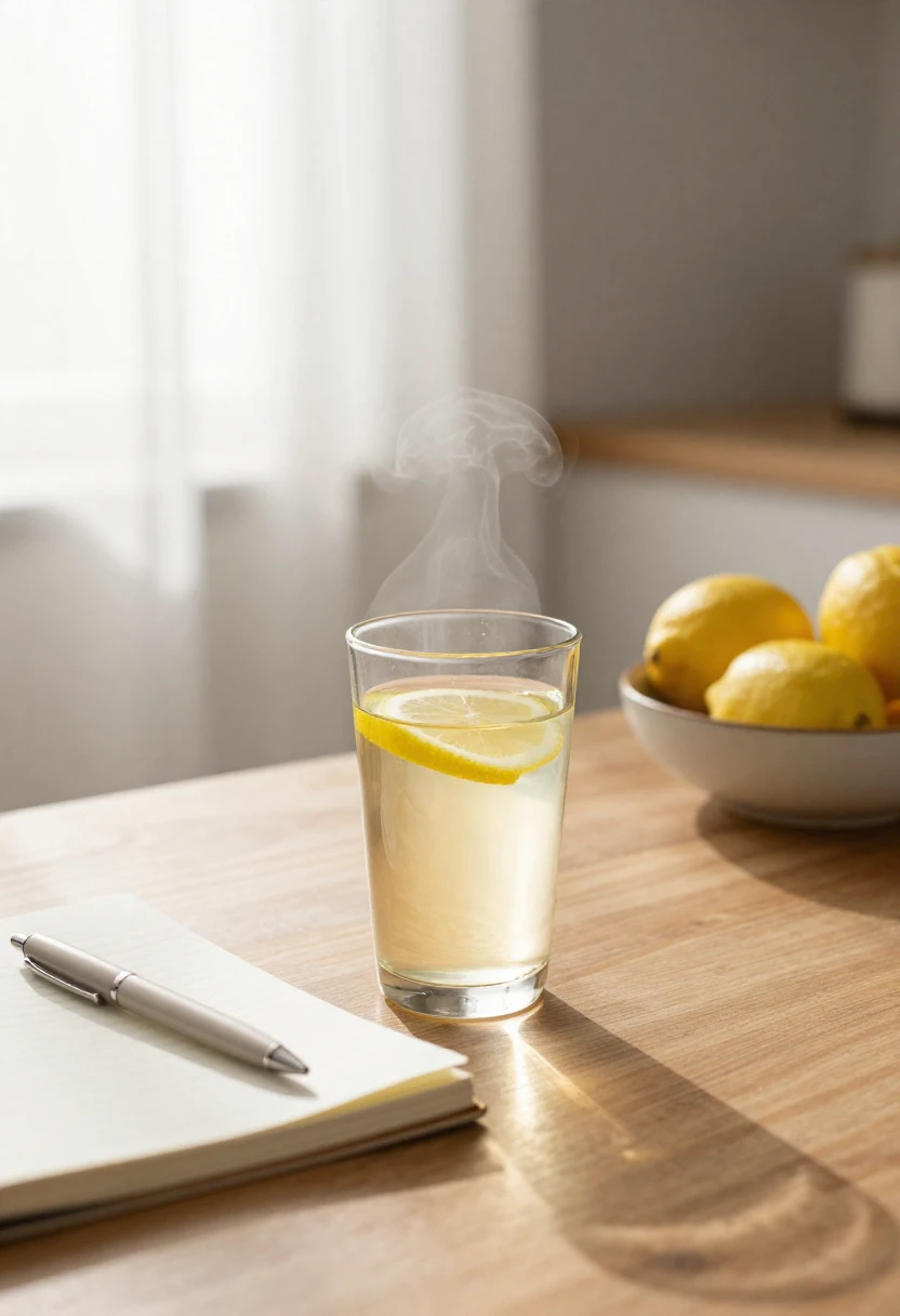 Glass of warm lemon water on a sunlit kitchen table with notebook and fresh lemons creating a calm reflective mood