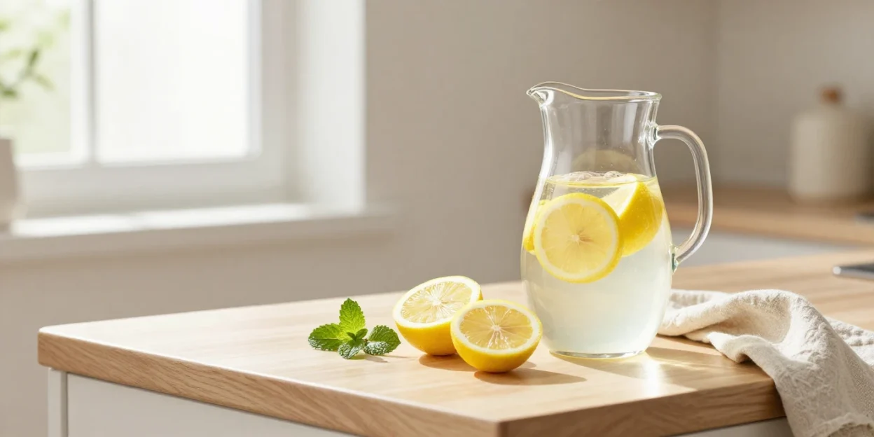 Glass pitcher of lemon water with fresh lemon slices and mint on a sunlit kitchen counter in a calm wellness setting