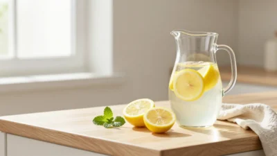 Glass pitcher of lemon water with fresh lemon slices and mint on a sunlit kitchen counter in a calm wellness setting