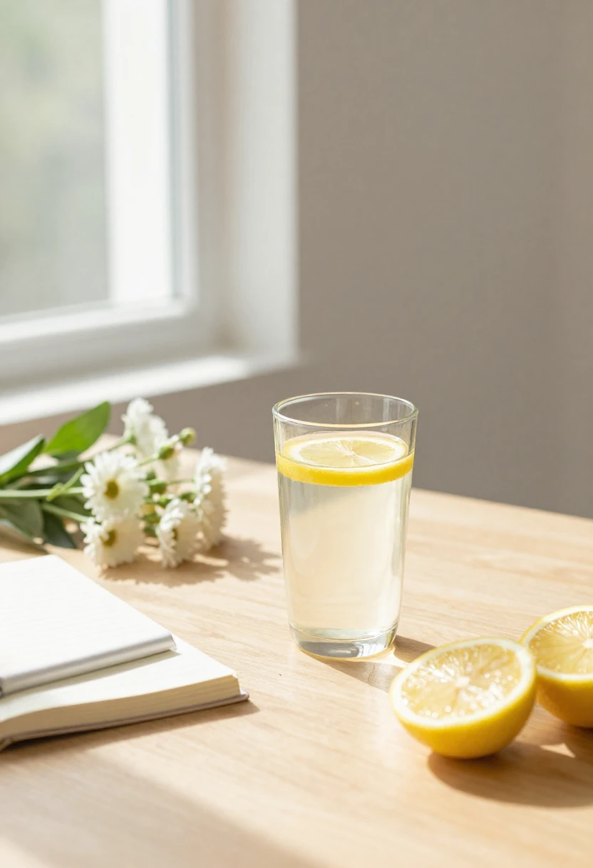 Glass of lemon water beside a journal and fresh flowers in soft morning light creating a positive and refreshing wellness mood