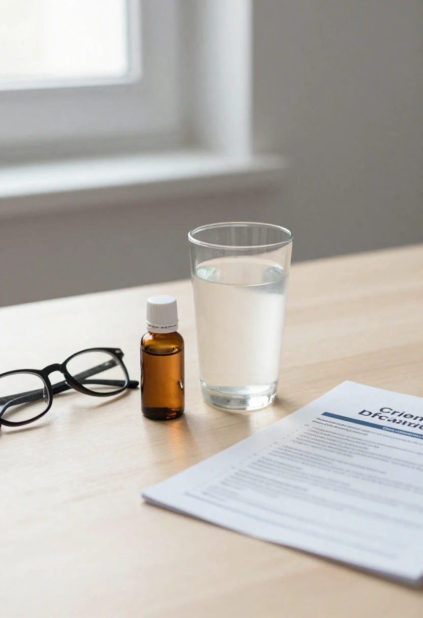 Glass of lemon water beside medicine bottle and health pamphlet on a sunlit desk highlighting potential detox risks