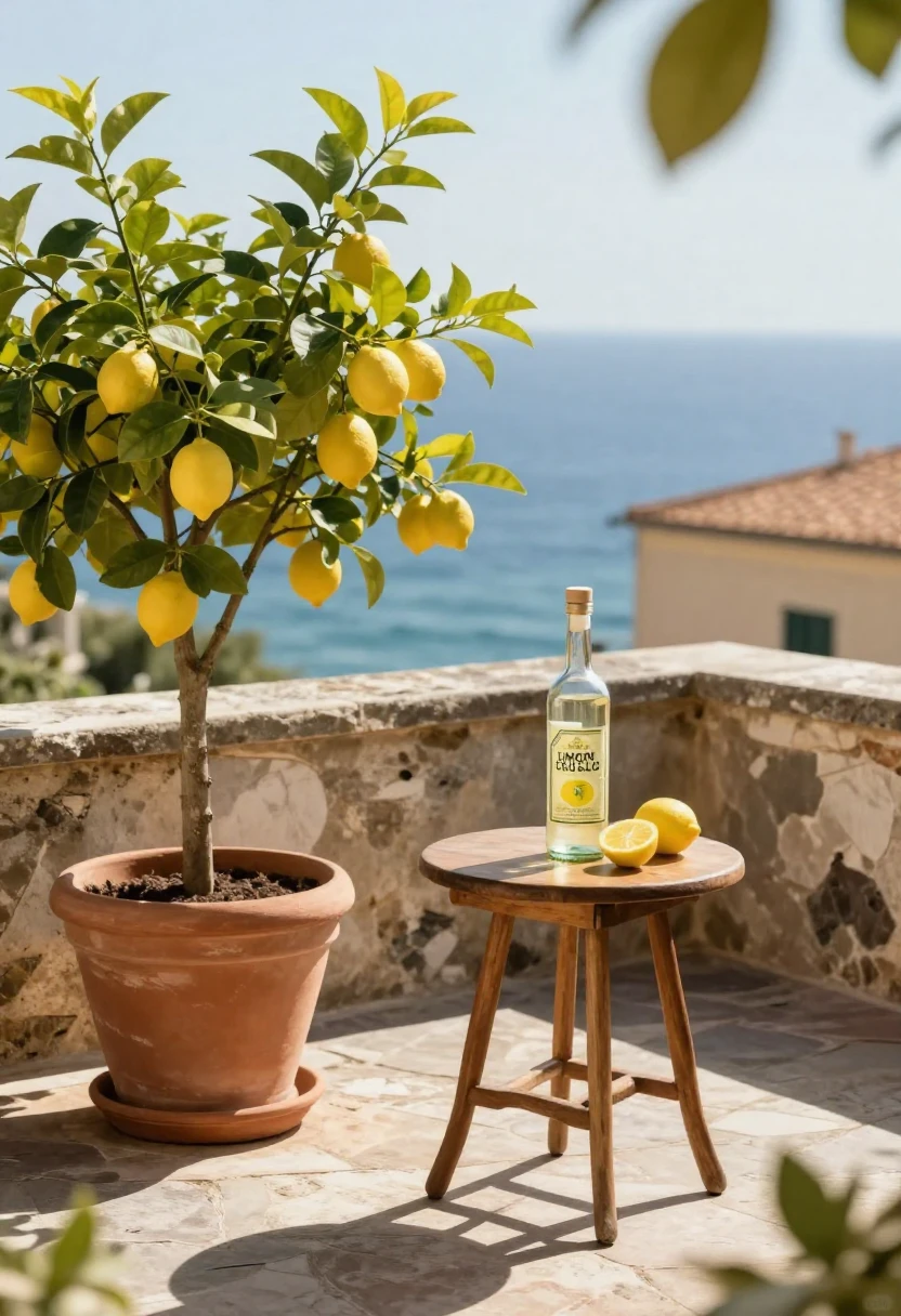 Bottle of homemade limoncello on a stone terrace with lemon trees and sea view in warm Mediterranean sunlight