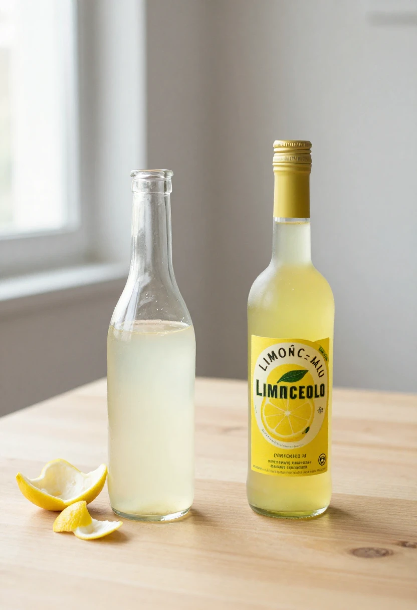 Homemade limoncello and commercial limoncello bottles side by side on a wooden table in soft natural light