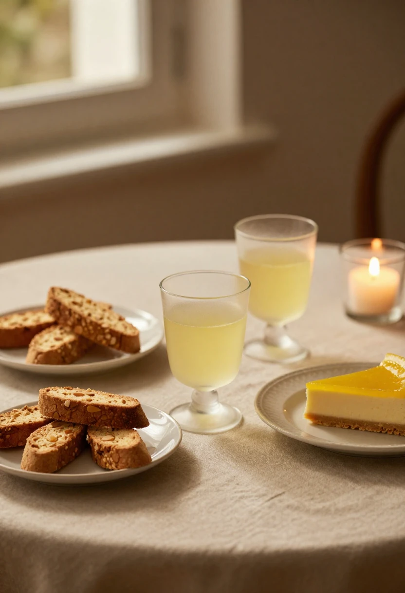 Two chilled glasses of limoncello with biscotti and lemon tart on a softly lit evening table