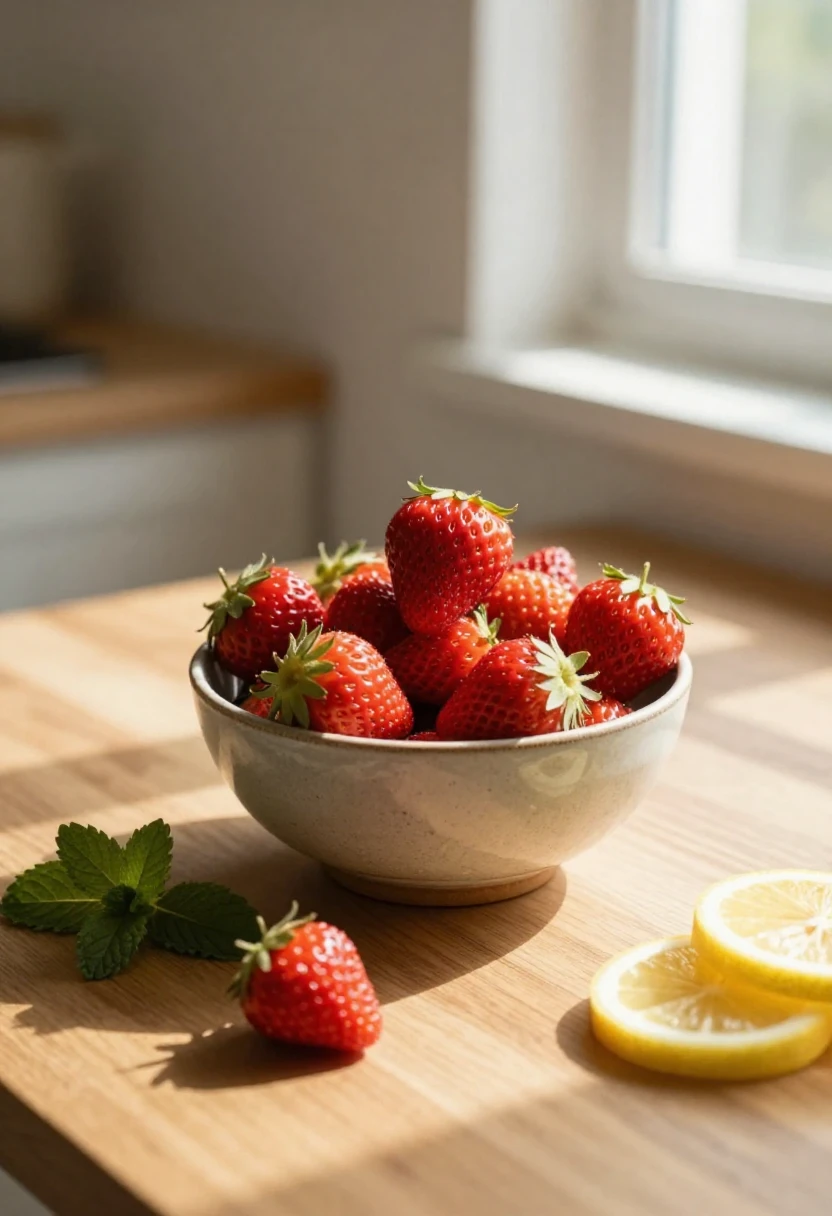 Fresh ripe strawberries on a sunlit table showing their natural color and freshness