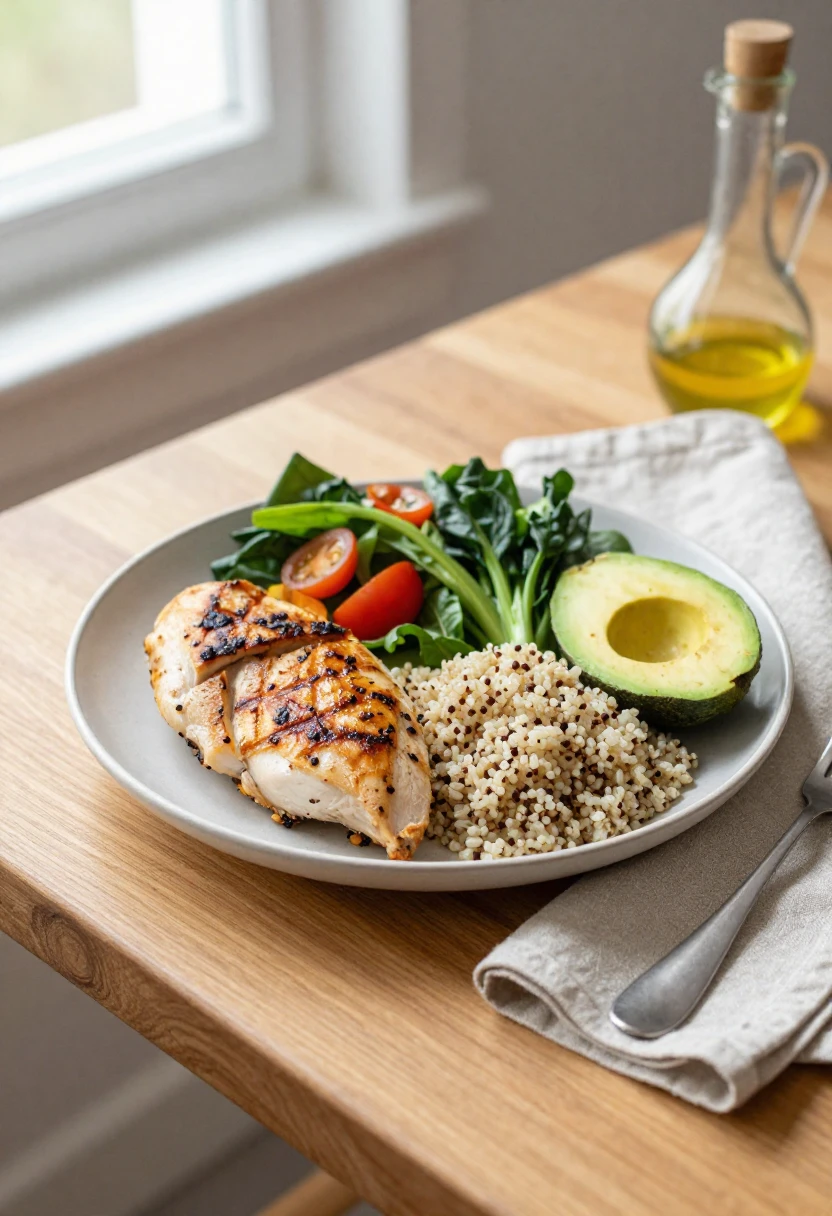 Balanced meal plate with protein, grains, vegetables, and healthy fats for stability