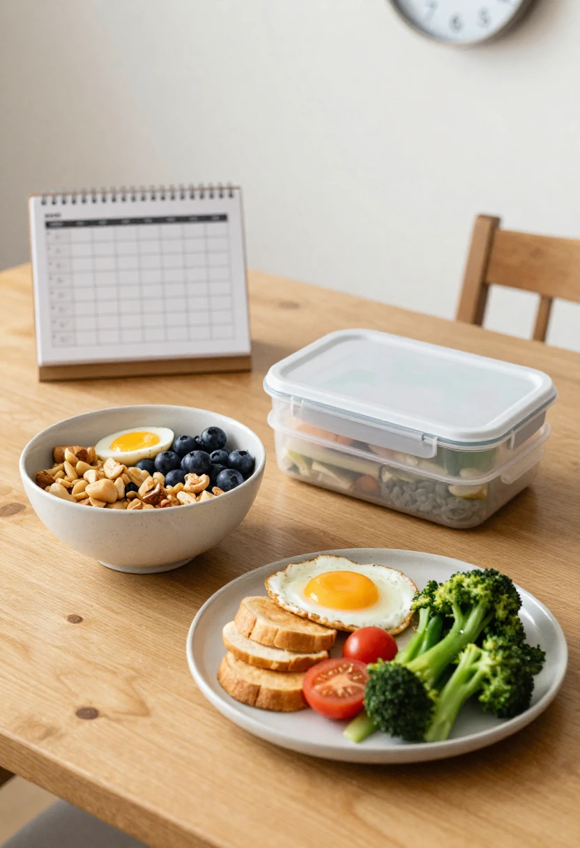 Healthy meals arranged for breakfast, lunch, and dinner showing balanced meal timing