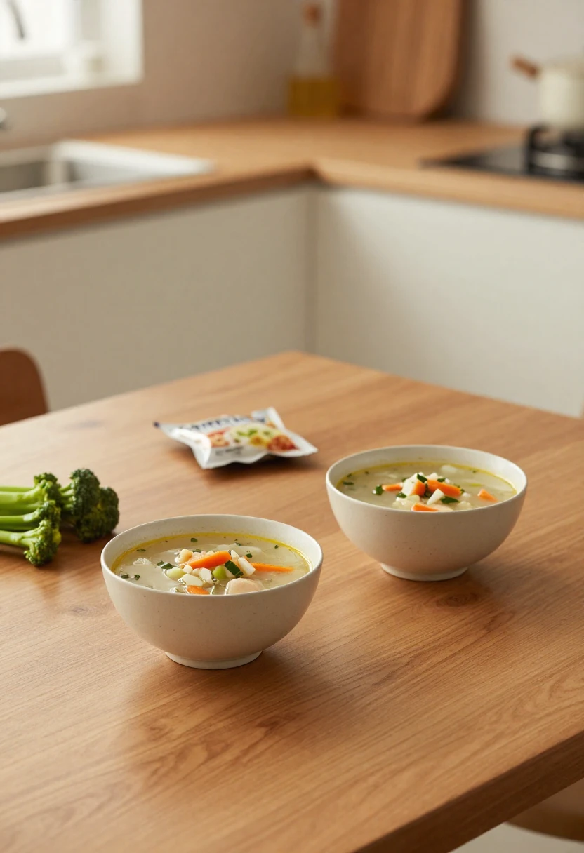 Homemade soup and vegetables beside packaged snack symbolizing mindful cooking versus emotional eating