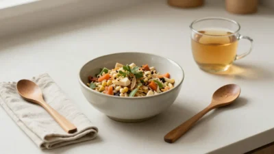 Mindful eating as self-care with a calm, nourishing meal at home