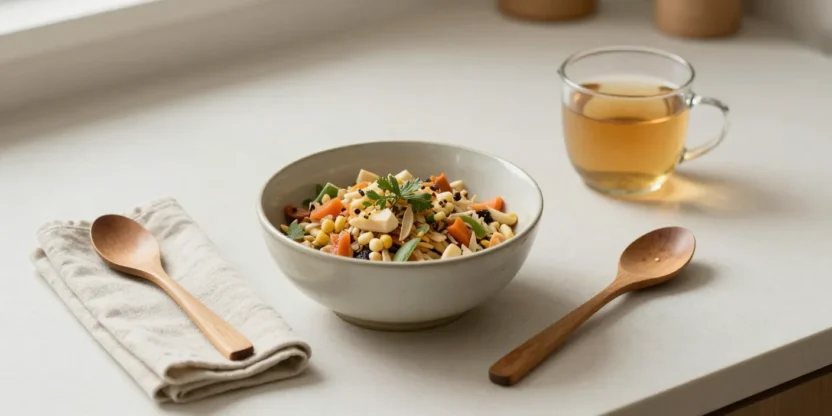 Mindful eating as self-care with a calm, nourishing meal at home