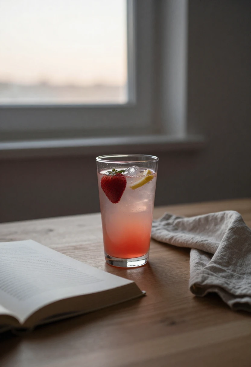 Glass of strawberry lemonade on a wooden table beside an open book in soft evening light creating a calm and mindful mood