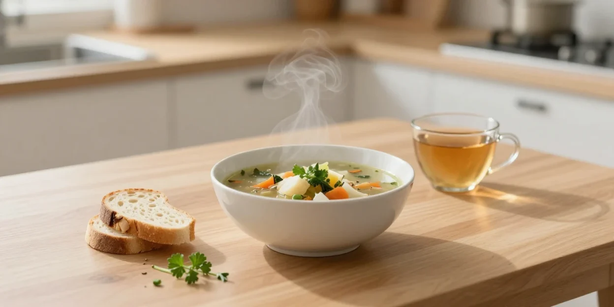Simple homemade soup, bread, and herbal tea in soft natural light representing mindful home cooking for emotional well-being