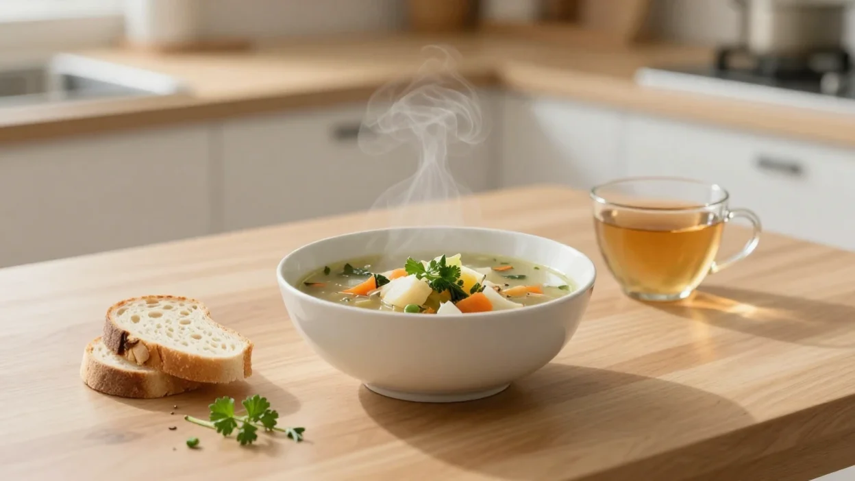 Simple homemade soup, bread, and herbal tea in soft natural light representing mindful home cooking for emotional well-being