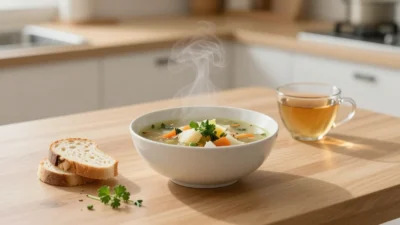Simple homemade soup, bread, and herbal tea in soft natural light representing mindful home cooking for emotional well-being