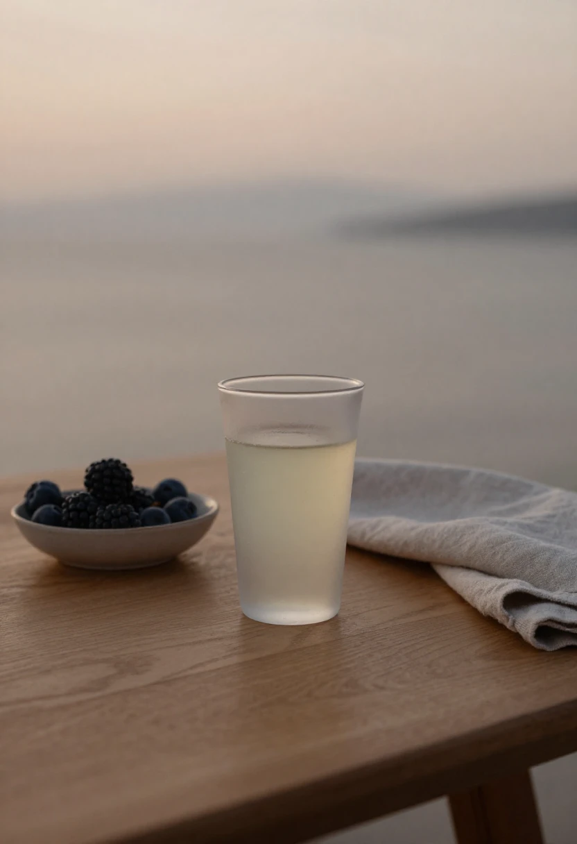 Small chilled glass of limoncello on a wooden table in soft evening light creating a calm and mindful mood