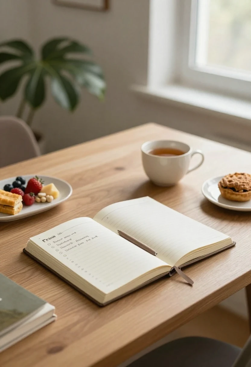 Organized workspace with planner and healthy snack representing mindful prioritization
