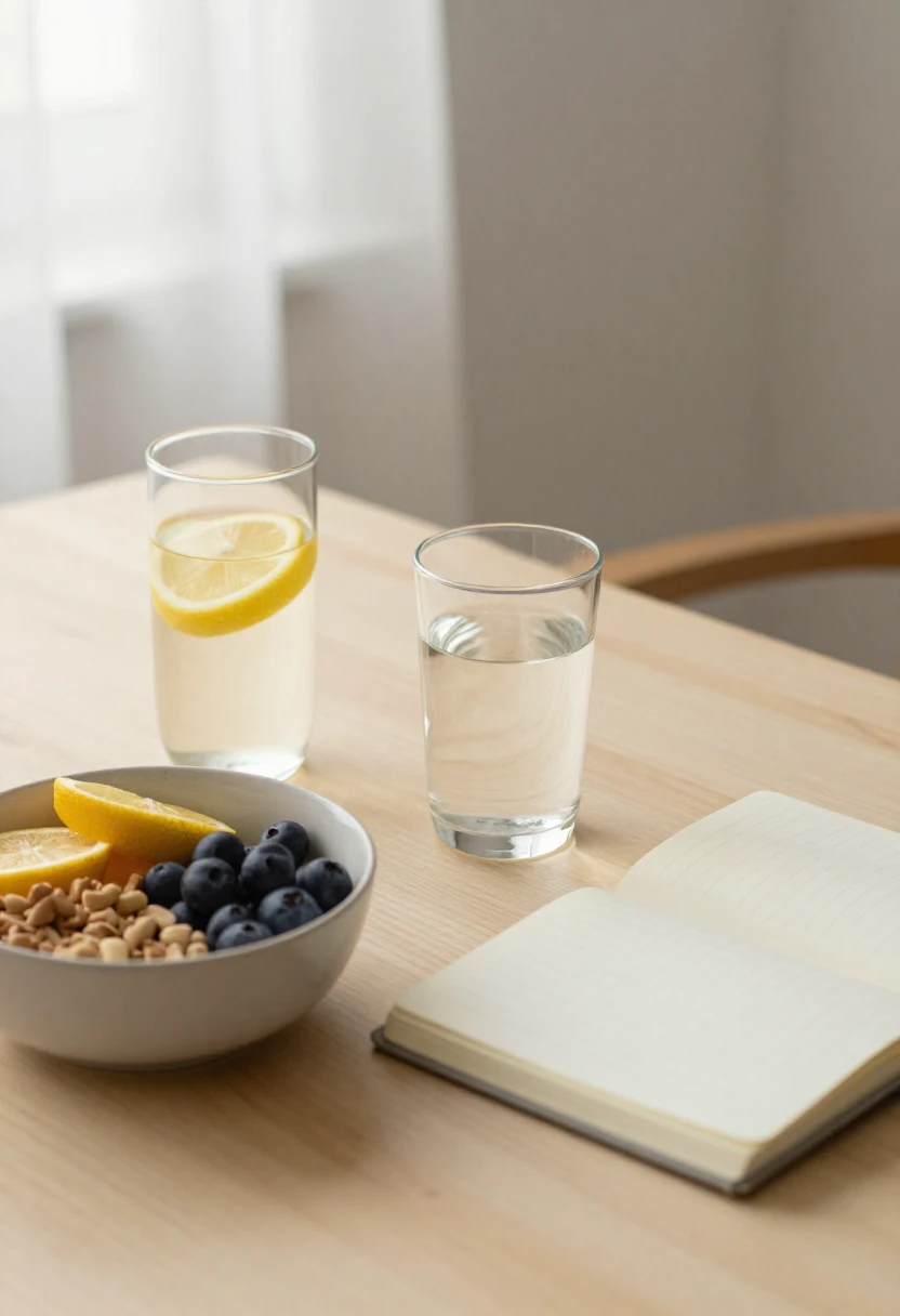 Balanced lemon water and breakfast beside a minimal empty glass setup showing the contrast between mindful reset and extreme detox