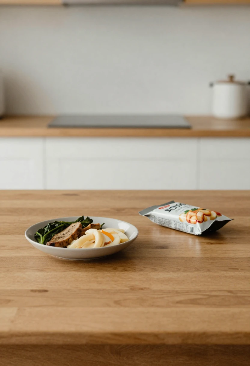 Balanced meal beside packaged snack representing mindful eating versus emotional eating choices