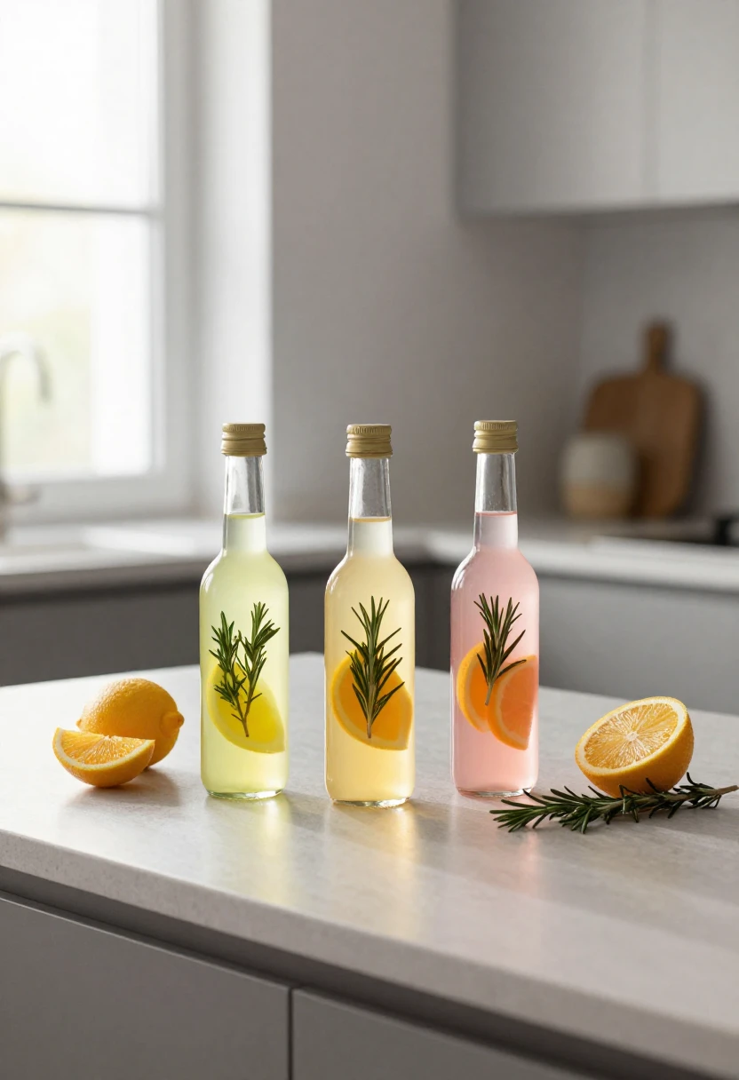 Three small bottles of flavored limoncello in different colors with citrus slices and herbs on a bright kitchen counter