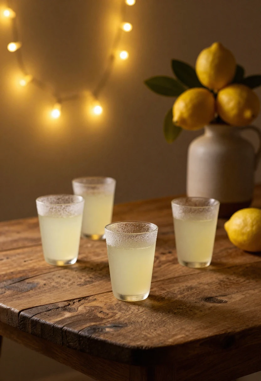 Small glasses of limoncello on a rustic table with soft lights and lemon branches creating a warm nostalgic mood