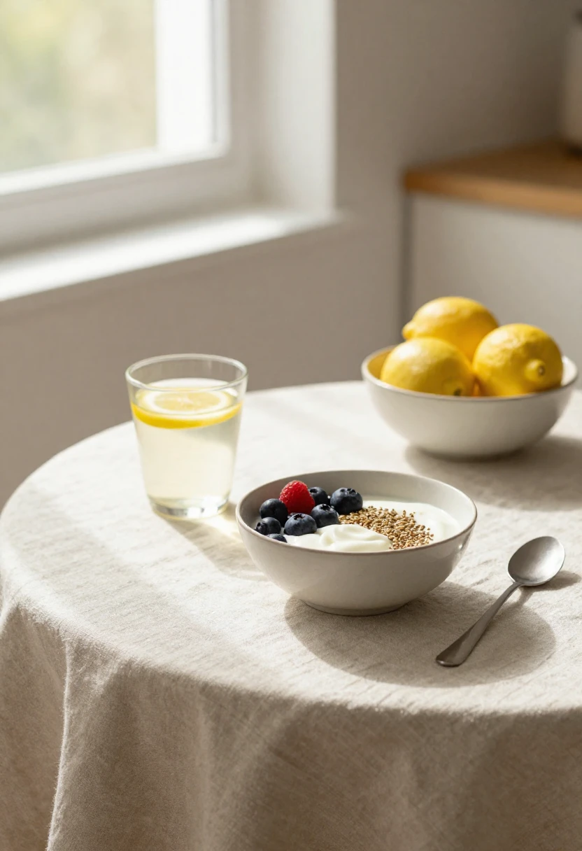 Glass of lemon water beside a healthy breakfast bowl with berries and seeds in soft morning light promoting nourishment and balance