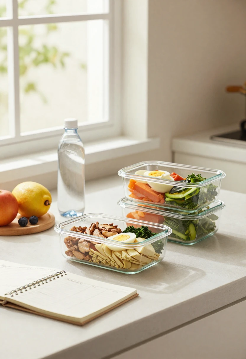 Healthy meal prep containers and planner showing time-efficient nutrition for busy schedules