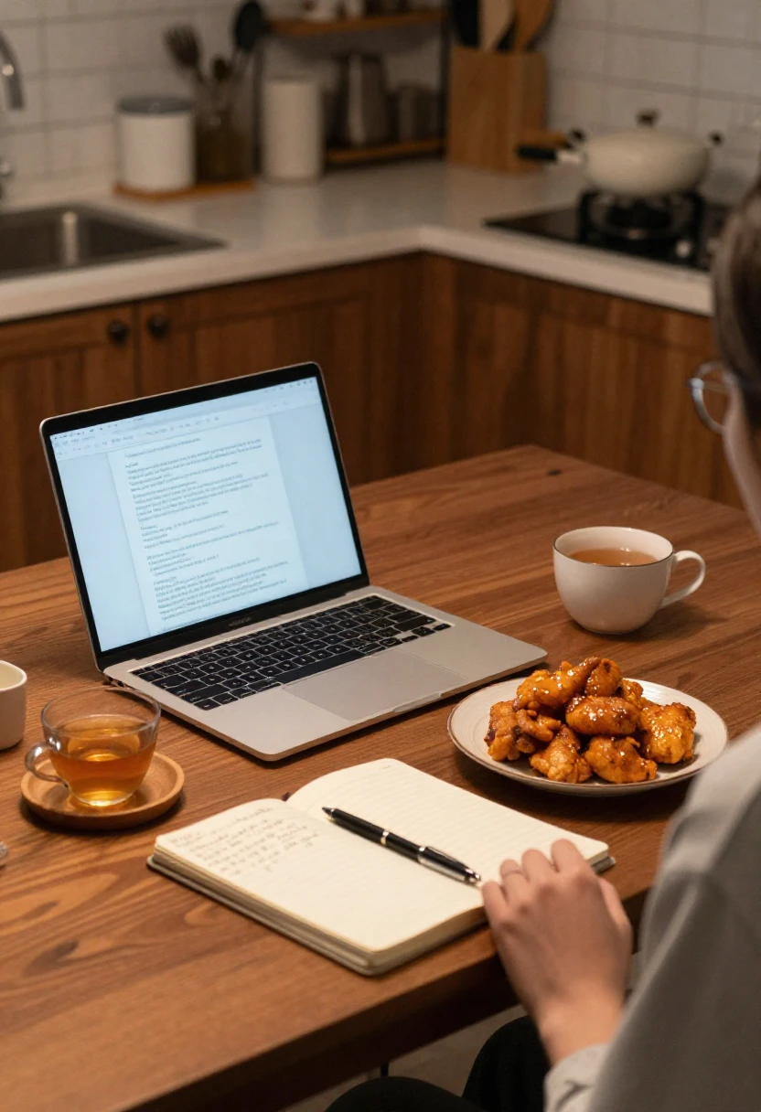 Researching orange chicken cooking tips and questions at home kitchen table