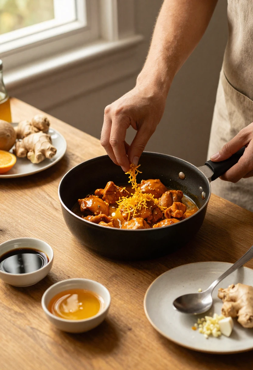 Enhancing orange chicken sauce with fresh zest and spices in home kitchen