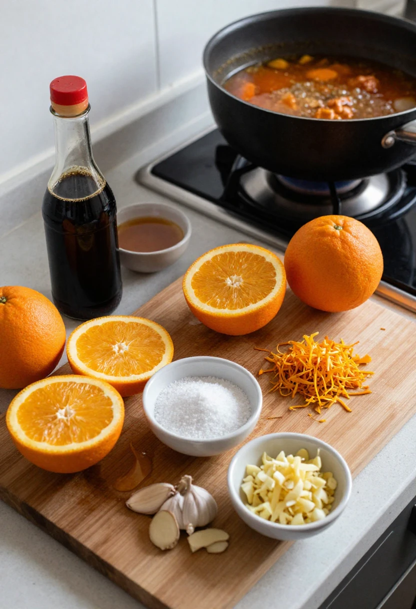 Ingredients for orange chicken sauce showing sweet, tangy, and umami flavors