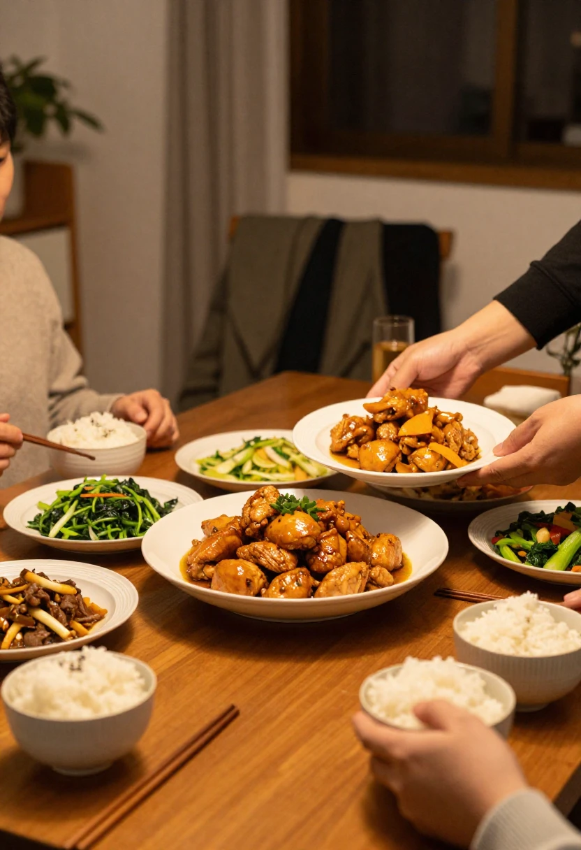 Serving homemade orange chicken at a cozy family dinner on a weeknight