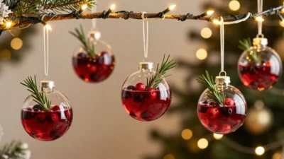 Sparkling cranberry rosemary cocktails served inside clear Christmas ornaments, hanging from decorative branches with warm festive lights in the background.
