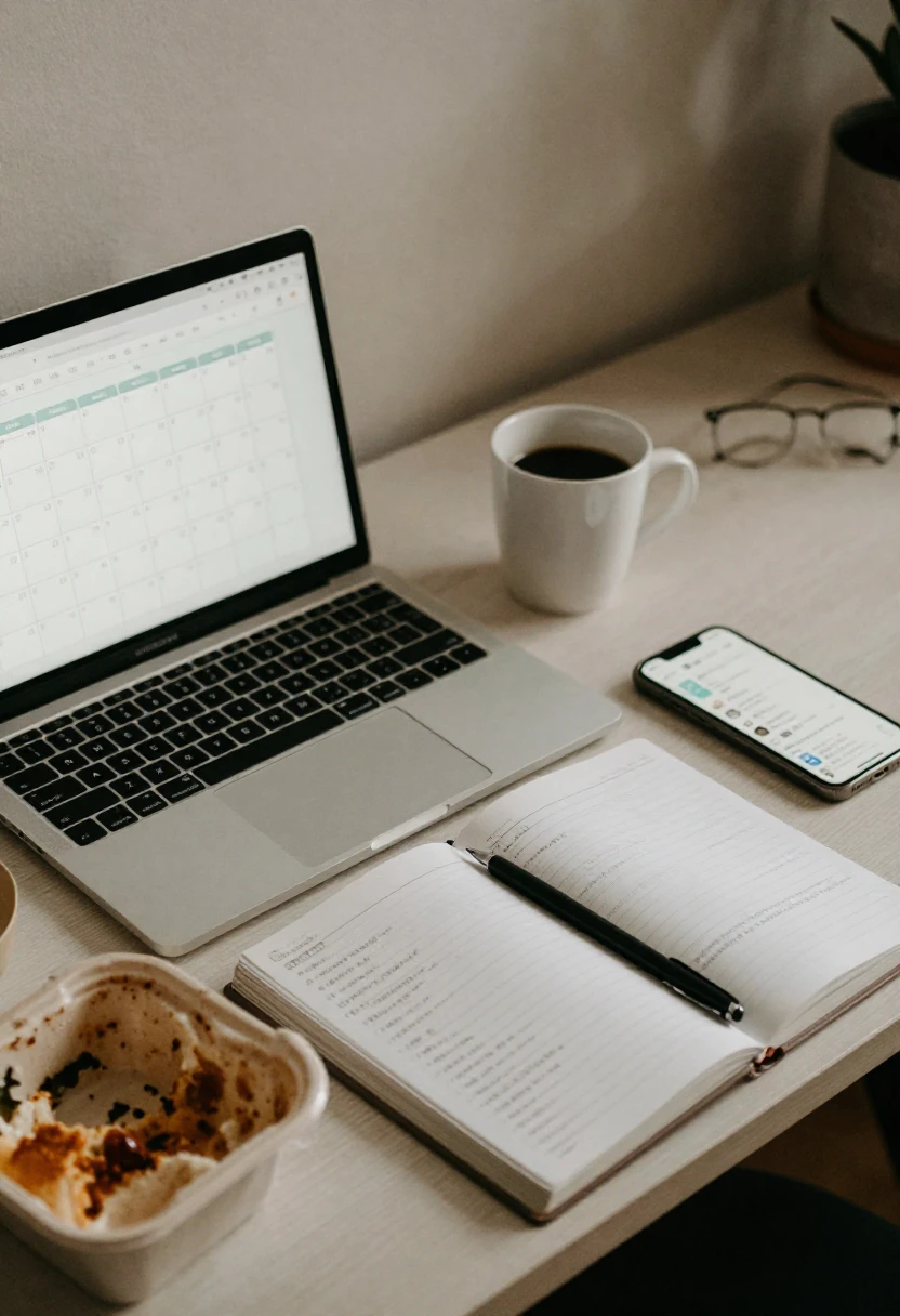 Busy workspace with planner and unfinished meal showing time-scarcity challenges