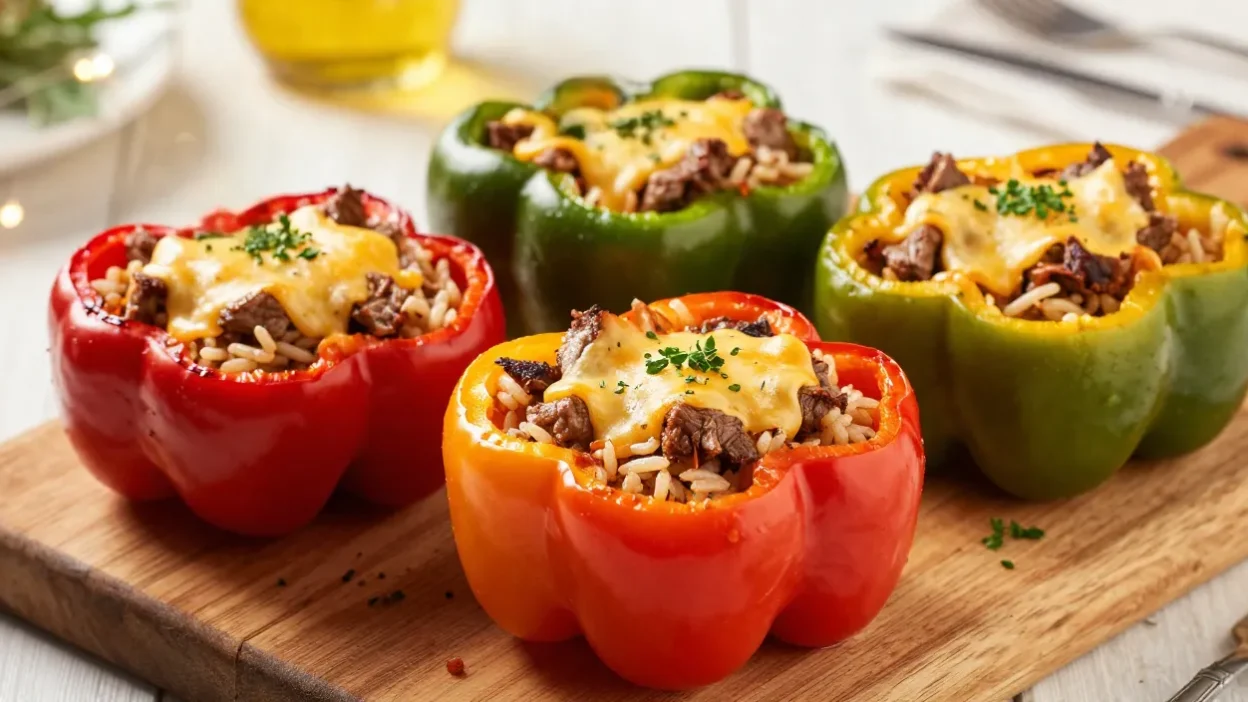 Colorful stuffed bell peppers with melted cheese served in a festive setting.
